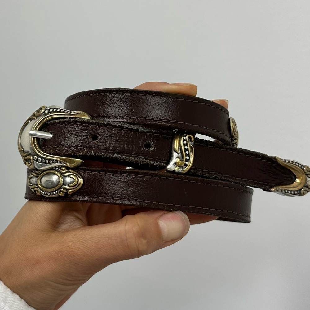 ⛔️SOLD⛔️Vintage Mixed Metal Two Tone Brown Leather Western Narrow Belt Adjustabl - Picture 2 of 9